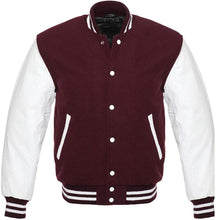 Load image into Gallery viewer, Varsity Letterman Baseball Bomber Retro Vintage Jacket Maroon Wool White Genuine Leather Sleeves - Shearling leather
