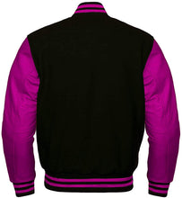 Load image into Gallery viewer, Varsity Jacket Bomber Letterman Baseball Black Wool & Hot Pink Leather Sleeves - Shearling leather