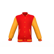Load image into Gallery viewer, Red Varsity Letterman Jacket with Gold Sleeves - Shearling leather