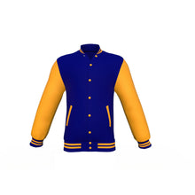 Load image into Gallery viewer, Navy Varsity Letterman Jacket with Gold Sleeves - Shearling leather