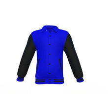 Load image into Gallery viewer, Blue Varsity Letterman Jacket with Black Sleeves - Shearling leather