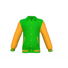 Load image into Gallery viewer, Light Green Varsity Letterman Jacket with Gold Sleeves - Shearling leather