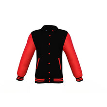 Load image into Gallery viewer, Black Varsity Letterman Jacket with Red Sleeves - Shearling leather