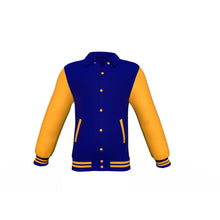 Load image into Gallery viewer, Navy Varsity Letterman Jacket with Gold Sleeves - Shearling leather