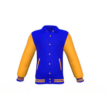 Load image into Gallery viewer, Blue Varsity Letterman Jacket with Gold Sleeves - Shearling leather