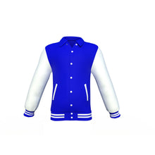 Load image into Gallery viewer, Blue Varsity Letterman Jacket with White Sleeves - Shearling leather