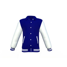 Load image into Gallery viewer, Navy Varsity Letterman Jacket with White Sleeves - Shearling leather