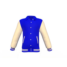 Load image into Gallery viewer, Blue Varsity Letterman Jacket with Cream Sleeves - Shearling leather