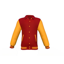 Load image into Gallery viewer, Maroon Varsity Letterman Jacket with Gold Sleeves - Shearling leather