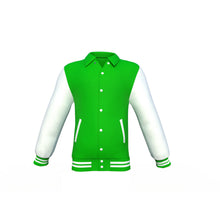 Load image into Gallery viewer, Light Green Varsity Letterman Jacket with White Sleeves - Shearling leather