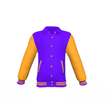 Load image into Gallery viewer, Purple Varsity Letterman Jacket with Gold Sleeves - Shearling leather