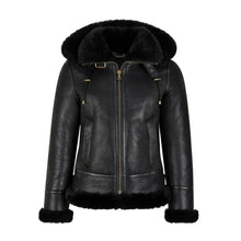 Load image into Gallery viewer, WOMENS B3 BOMBER HOODED CLASSIC BLACK SHEARLING JACKET
