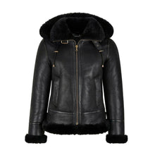 Load image into Gallery viewer, WOMENS B3 BOMBER HOODED CLASSIC BLACK SHEARLING JACKET