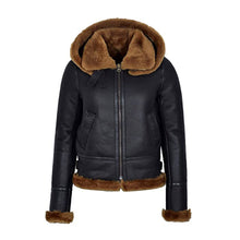 Load image into Gallery viewer, WOMENS BLACK HOODED B3 FLYING SHEARILING JACKET