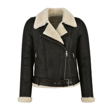 Load image into Gallery viewer, WOMENS GENUINE LEATHER FAUX FUR SHEARLING BIKER JACKET