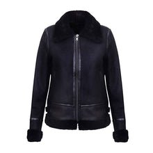 Load image into Gallery viewer, WOMENS BLACK AVIATOR BIKER GENUINE SHEEPSKIN SHEARLING LEATHER JACKET
