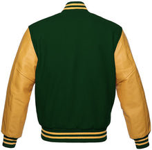 Load image into Gallery viewer, Varsity Letterman Baseball Bomber Retro Vintage Jacket Forest Green Wool Gold Genuine Leather Sleeves - Shearling leather