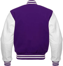 Load image into Gallery viewer, Varsity Letterman Baseball Bomber Retro Vintage Jacket Purple Wool & White Genuine Leather Sleeves - Shearling leather