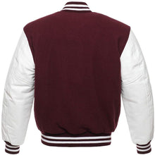 Load image into Gallery viewer, Varsity Letterman Baseball Bomber Retro Vintage Jacket Maroon Wool White Genuine Leather Sleeves - Shearling leather
