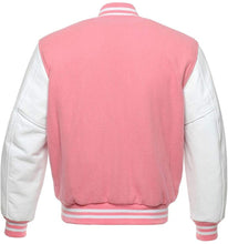 Load image into Gallery viewer, Varsity Letterman Baseball Bomber Retro Vintage Jacket Pink Wool White Genuine Leather Sleeves - Shearling leather