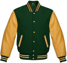 Load image into Gallery viewer, Varsity Letterman Baseball Bomber Retro Vintage Jacket Forest Green Wool Gold Genuine Leather Sleeves - Shearling leather
