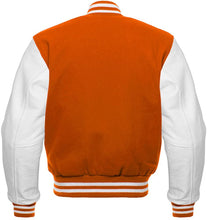 Load image into Gallery viewer, Varsity Letterman Baseball Bomber Retro Vintage Jacket Orange Wool & White Genuine Leather Sleeves - Shearling leather
