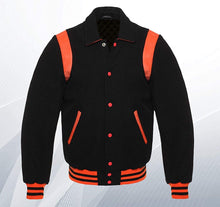 Load image into Gallery viewer, Super Varsity Letterman Baseball Bomber Retro Vintage Stylish Jacket All Wool Black & Orange Genuine Leather Strip - Shearling leather
