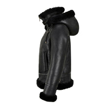 Load image into Gallery viewer, WOMENS B3 BOMBER HOODED CLASSIC BLACK SHEARLING JACKET