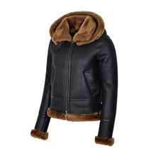 Load image into Gallery viewer, WOMENS BLACK HOODED B3 FLYING SHEARILING JACKET