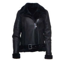 Load image into Gallery viewer, Tasha's Black Sheepskin Shearling B-3 Bomber Style Jacket - Shearling leather