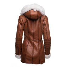 Load image into Gallery viewer, Ayva's Tan Shearling coat with fox fur trim Hoodie - Shearling leather