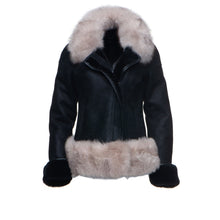 Load image into Gallery viewer, Cecily's Black Shearling Sheepskin Jacket with Fox fur trim - Shearling leather
