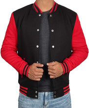 Load image into Gallery viewer, Mens Letterman jacket - Varsity Baseball Men Bomber Jackets With Red Sleeves - Shearling leather