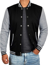 Load image into Gallery viewer, Mens Letterman jacket - Varsity Baseball Men Bomber Jackets With Grey Sleeves - Shearling leather