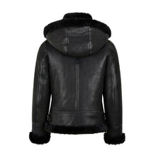 Load image into Gallery viewer, WOMENS B3 BOMBER HOODED CLASSIC BLACK SHEARLING JACKET
