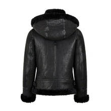 Load image into Gallery viewer, WOMENS B3 BOMBER HOODED CLASSIC BLACK SHEARLING JACKET