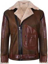 Load image into Gallery viewer, Mens Brown Crossover B3 Sheepskin Aviator Flying Leather Biker Jacket - Shearling leather