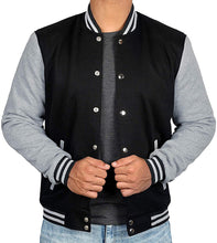 Load image into Gallery viewer, Mens Letterman jacket - Varsity Baseball Men Bomber Jackets With Grey Sleeves - Shearling leather