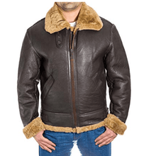 Load image into Gallery viewer, Aviator Faux Fur Brown Men’s Leather Jacket - Shearling leather