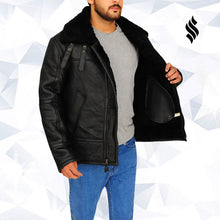 Load image into Gallery viewer, Men B3 Aviator Bomber Sheepskin Black Fur Shearling Leather Jacket On Sale