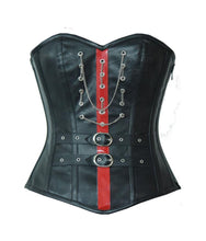 Load image into Gallery viewer, Chiesa Black Leather Overbust Corset With Red PVC Stripe - Shearling leather