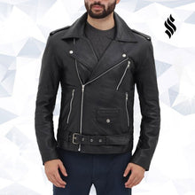 Load image into Gallery viewer, Belted Black Mens Motorcycle Racing Aviator Style Rider Leather Jacket - Shearling leather