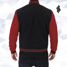 Load image into Gallery viewer, Black and Maroon Varsity Jacket Mens - Shearling leather