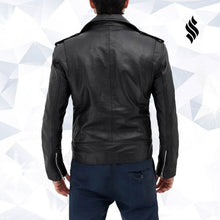 Load image into Gallery viewer, Belted Black Mens Motorcycle Racing Aviator Style Rider Leather Jacket - Shearling leather