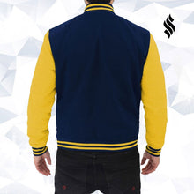 Load image into Gallery viewer, Blue and Yellow Varsity Jacket Mens - Shearling leather