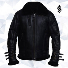 Load image into Gallery viewer, Men Black Biker Shearling Jacket - Shearling leather