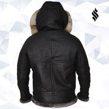 Load image into Gallery viewer, Men Black Shearling Jacket With Hoodie - Shearling leather