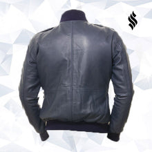 Load image into Gallery viewer, Men Blue Bomber Leather Jacket - Shearling leather