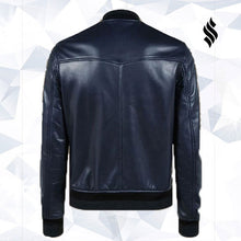 Load image into Gallery viewer, Men Navy Blue Bomber Jacket - Shearling leather
