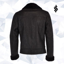 Load image into Gallery viewer, Mens Crocodile Print Black Coat Online | Buy Shearling Leather Jackets